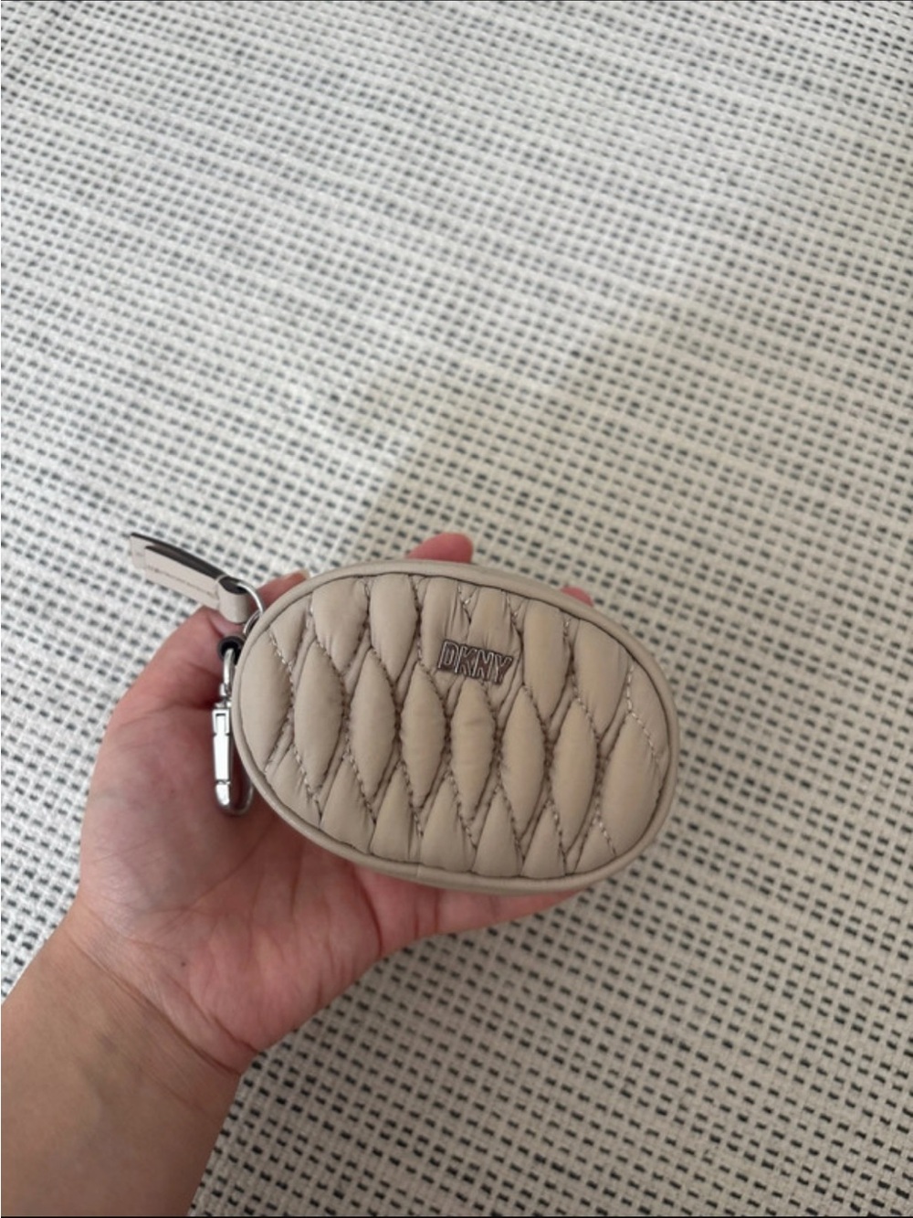 DKNY Quilted Oval Mini Coin Pouch in Beige
